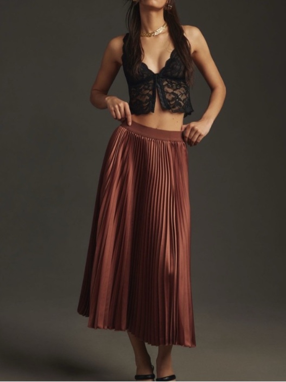 Anthropologie Copper Brown Pleated Midi Skirt XL